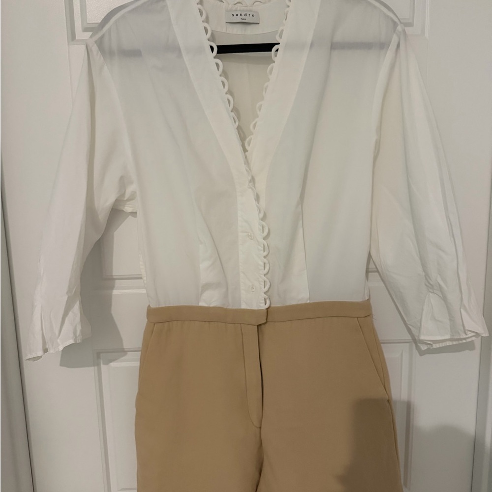 Sandro White Jumpsuit with Scalloped Trim
